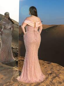 Plus Elegant Off Shoulder Mermaid Hem Beaded Evening Dress, Party Dress, Wedding Guest Dress, Formal Dress,Gown