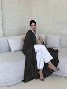 Bata abierta elegante y de moda con mangas de murciélago y cinturón, de unicolor y ligera, para mujer - Sin pañuelo, - Negro - Ver 3