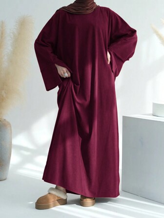 秋冬女式灯芯绒全封闭长袍蝙蝠袖休闲长裙带口袋摩洛哥阿拉伯长袍