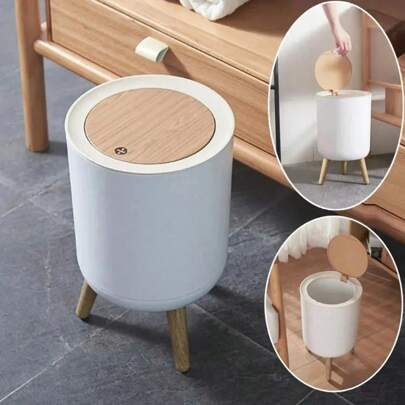 1pc Independent Trash Can, Can With Lid 2 Gallon Modern Office Trash Can With Lid Press Type Trash Can, With Push Top Large Capacity Trash Can, Suitable For Home, Bathroom, Bedroom, Office, Living Room, Essential Household Items