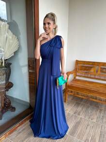 Long Party Dress With Lace, Lined Cups, Comfortable, Elegant, Simple - Navy Blue - View 2