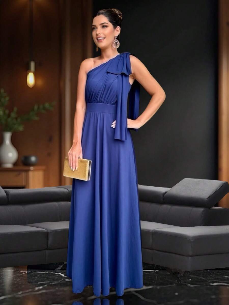 Long Party Dress With Lace, Lined Cups, Comfortable, Elegant, Simple - Navy Blue - View 1