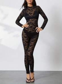 Women's Fashion Skinny Bodysuit Long Sleeve Mock Neck Sheer Lace Jacquard Playsuit - màu đen - Xem 4
