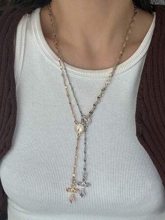  1pc Fashion Cross Zinc Alloy Pendant Y-Shaped Gold-Color Necklace, Blessing, Good Fortune, Wealth Keeping, Versatile, Bohemian Style, Beaded Silver Collarbone Chain Suitable For Women's Party, Date, Daily Wear