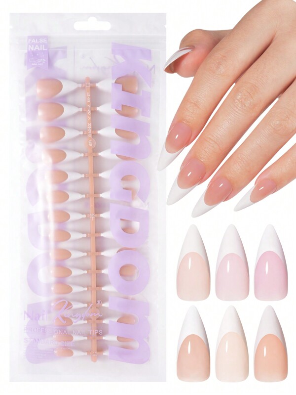 120 Stück weiße französische lange Stiletto Aufklebe-Nägel, 15 Größen, falsche Nagelspitzen, professionell vorgrundiert mit 3-in-1 Versiegelung, weiche Gel-Kunstnägel für DIY Maniküre, Nagelbedarf