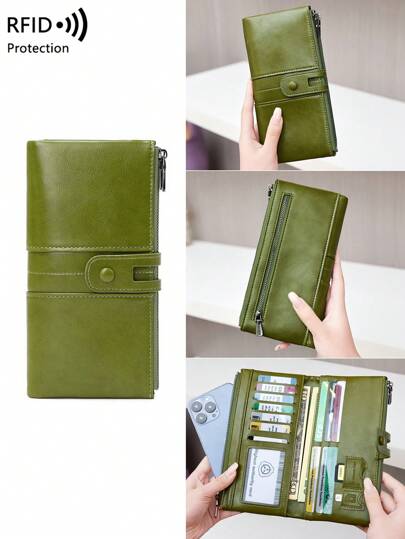 RFID Blocking Bifold Large Capacity Women's Wallet Retro Zipper Purse Soft Leather Long Wallet With Multiple Card Slots & ID Window For Credit Card/ID Card/ Money/ Cash/Cell Phone Quilted Detail Card Holder Clutch Bag For Lady Business Casual