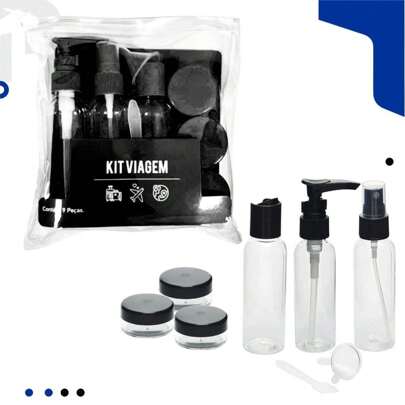 Kit Frascos 9 Peças para Viagem Bolsa Organizadora Transparente Perfume Shampoo Multiuso