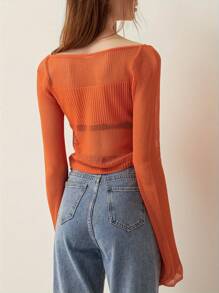 Womens Knit Crop Tops Fashion Long Sleeve Tie-Up Front Solid Color T-Shirts Crochet Tops - 橘色 - 查看 8