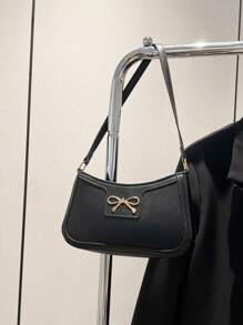 棒球饰品、时尚休闲女士单肩法棍包、金属蝴蝶结装饰腋下单肩包、新月手提包、百搭通勤包、户外休闲包、拼布手提包 - 黑色 - 查看 6