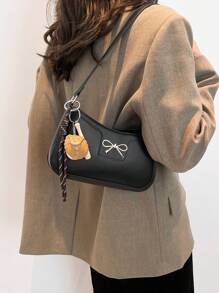 棒球饰品、时尚休闲女士单肩法棍包、金属蝴蝶结装饰腋下单肩包、新月手提包、百搭通勤包、户外休闲包、拼布手提包 - 黑色 - 查看 1