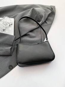 棒球饰品、时尚休闲女士单肩法棍包、金属蝴蝶结装饰腋下单肩包、新月手提包、百搭通勤包、户外休闲包、拼布手提包 - 黑色 - 查看 8