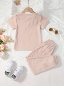 Girls Summer Sporty Waffle Knit Breathable 2 Pieces Set, Short Sleeve Top And Loose Drawstring Pants, Suitable For Outdoor Sports Like Walking And Running - Apricot - View 2
