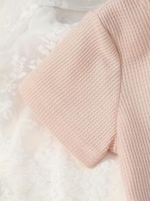 Girls Summer Sporty Waffle Knit Breathable 2 Pieces Set, Short Sleeve Top And Loose Drawstring Pants, Suitable For Outdoor Sports Like Walking And Running - Apricot - View 4