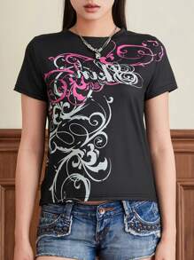 Women's Slim Gothic Tops Retro Abstract Print Short Sleeve Round-Neck Grunge T-Shirts Streetwear