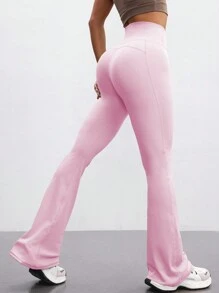 FWH 时尚休闲简约提臀蜜桃臀时尚优雅街头复古显瘦低调奢华拉长腿部线条经典简约高端显瘦高腰百搭喇叭裤新款欧式束腰健身阔腿瑜伽裤紧身裤 - 淺粉色 - 查看 6