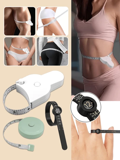 3 件装-多功能家用卷尺-1 件自紧身体卷尺 +1 件便携式迷你卷尺 +1 件软环尺寸测量工具，60 英寸/150 厘米，家庭使用腰围、健身周长、测量臀围、手臂、头围可重复使用的塑料手指尺寸卷尺，带放大镜，清晰准确的珠宝尺寸制作工具 1-17 美国戒指尺寸测量器，美国尺寸手指测量器