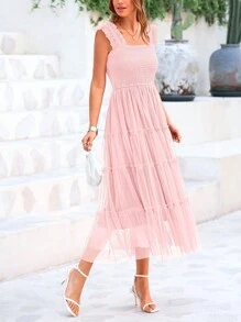 Women's Summer Mid-Length Dress Casual Sleeveless Pleats Ruffled Tulle Flowing New Year Party Wedding Guest Sundress - hồng nhạt - Xem 4