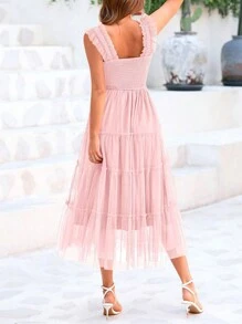 Women's Summer Mid-Length Dress Casual Sleeveless Pleats Ruffled Tulle Flowing New Year Party Wedding Guest Sundress - hồng nhạt - Xem 2