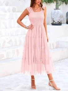 Women's Summer Mid-Length Dress Casual Sleeveless Pleats Ruffled Tulle Flowing New Year Party Wedding Guest Sundress - hồng nhạt - Xem 5