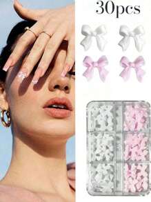 30 PEÇAS Encantos de Unhas em Laço 3D, Laços Rosas e Brancos para Unhas, Encantos de Unhas para Unhas Acrílicas, Suprimentos de Arte de Unhas, Joias de Unhas DIY, Acessórios de Unhas para Decoração de Unhas DIY, Design de Unhas com Gemas