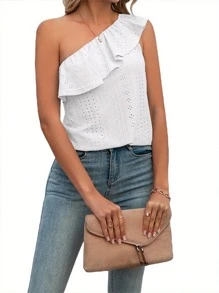 Women Vest, Sleeveless One-Shoulder Ruffled Hollowed Slim Summer Tops For Club Party - White - View 4