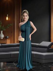 Long Party Dress With Lace, Lined Cups, Comfortable, Elegant, Simple - 墨綠色 - 查看 1