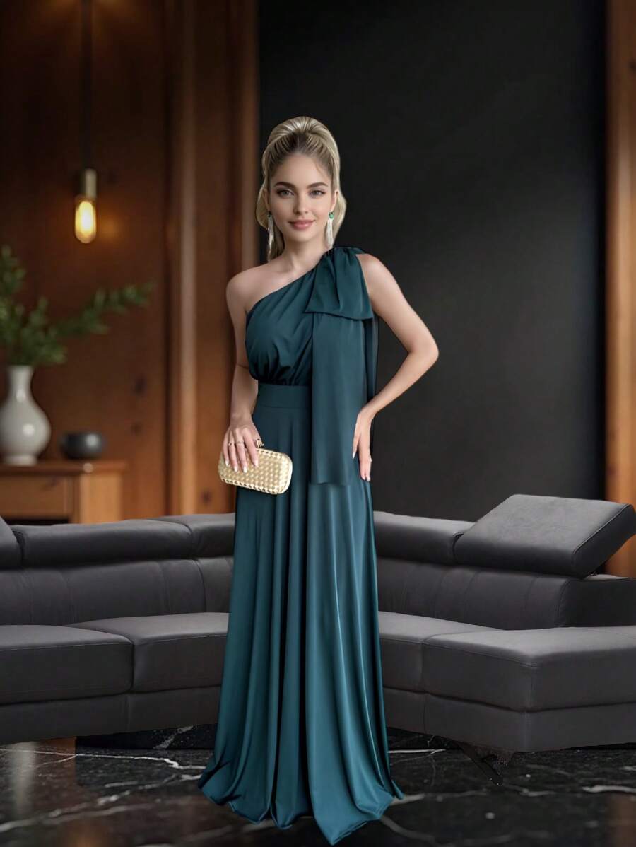 Long Party Dress With Lace, Lined Cups, Comfortable, Elegant, Simple - 墨綠色 - 查看 1