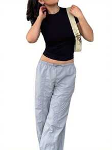 Women Crop Tops Summer Casual Slim Fit Solid Color Short Sleeve Basic T-Shirts Streetwear S/M/L - Black - View 7