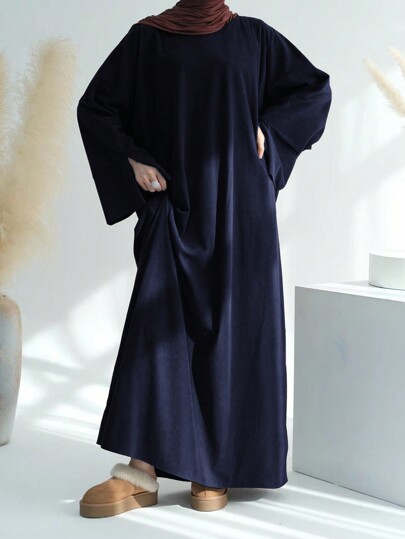 One Piece Autumn Winter Women Corduroy Closed Abaya Batwing Sleeve Casual Long Dress With Pockets Moroccan Arab Robes