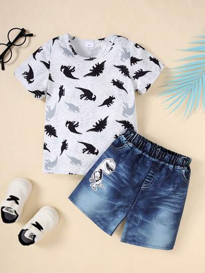 2pcs/Set Young Boy Summer Casual Printed Short Sleeve T-Shirt + Dinosaur Printed Shorts Set