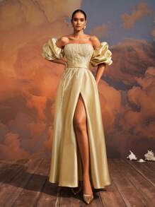 VIPGIRL 优雅金色露肩泡泡袖礼服、长款高开叉正式晚礼服、女士及地舞会礼服、迷人串珠紧身胸衣派对礼服、奢华宴会礼服、女士正式晚礼服、婚礼宾客礼服 - 金色 - 查看 5