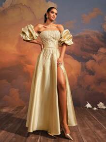 VIPGIRL 优雅金色露肩泡泡袖礼服、长款高开叉正式晚礼服、女士及地舞会礼服、迷人串珠紧身胸衣派对礼服、奢华宴会礼服、女士正式晚礼服、婚礼宾客礼服 - 金色 - 查看 4