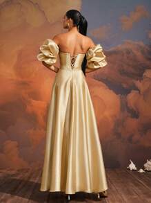 VIPGIRL 优雅金色露肩泡泡袖礼服、长款高开叉正式晚礼服、女士及地舞会礼服、迷人串珠紧身胸衣派对礼服、奢华宴会礼服、女士正式晚礼服、婚礼宾客礼服 - 金色 - 查看 3