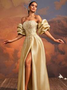 VIPGIRL 优雅金色露肩泡泡袖礼服、长款高开叉正式晚礼服、女士及地舞会礼服、迷人串珠紧身胸衣派对礼服、奢华宴会礼服、女士正式晚礼服、婚礼宾客礼服 - 金色 - 查看 2