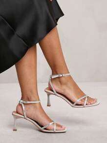 Where’s That From KENIA WIDE FIT SQUARE TOE LOW BLOCK HEEL WITH DIAMANTE CROSS OVER STRAP DETAIL - Silver New Satin - View 1