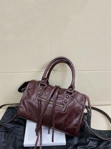 1件咖啡棕拼接鉚釘鑲嵌金屬流蘇拉鍊裝飾復古PU時尚甜酷機車包Y2K龐克女款方型托特斜肩包 - 咖啡棕 - 查看 6