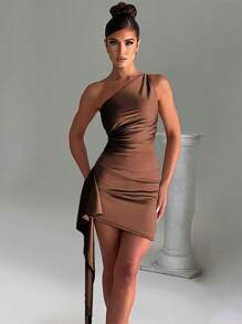 一件性感越界新款时尚女装连衣裙，适合酒吧派对、度假等场合，无肩带露背荷叶边褶皱紧身迷你连衣裙，无袖夏季派对优雅款 - 咖啡棕 - 查看 6