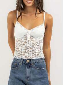 Women Eyelet Lace Camisoles Spaghetti Strap Cami Tops Sleeveless Backless Tank Tops Summer Vests Tops Streetwear - White - View 2