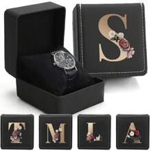 Black Single Watch Gift Box With Pillow Watch Present Bag Dust-Proof Famous Watches Organizer Box Pu Wristwatch Display Organizer Elegant Souvenir Case For Men And Women Exquisite Holiday Gifts Decoration Casket Initial Name 26 Letters Pattern - Black - View 2