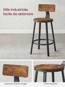 VASAGLE Set di 2 Sgabelli da Bar, Sedie da Cucina, con Schienale, Struttura in Acciaio, Altezza di Seduta di 62,5 cm, Montaggio Facile, Stile Industriale, Marrone Vintage e Nero - Castano - Visualizzare 7