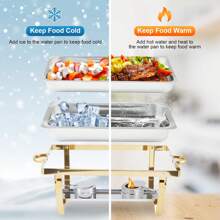 Chafing Dish Buffet Set 4 Pack, 8 Qt Stainless Steel Chafer Buffet Servers And Warmers Sets With Lid Folding Frame, Rectangular Chafing Dishes For Parties, Weddings, Catering Events, Silver/Gold - 金色 - 查看 2