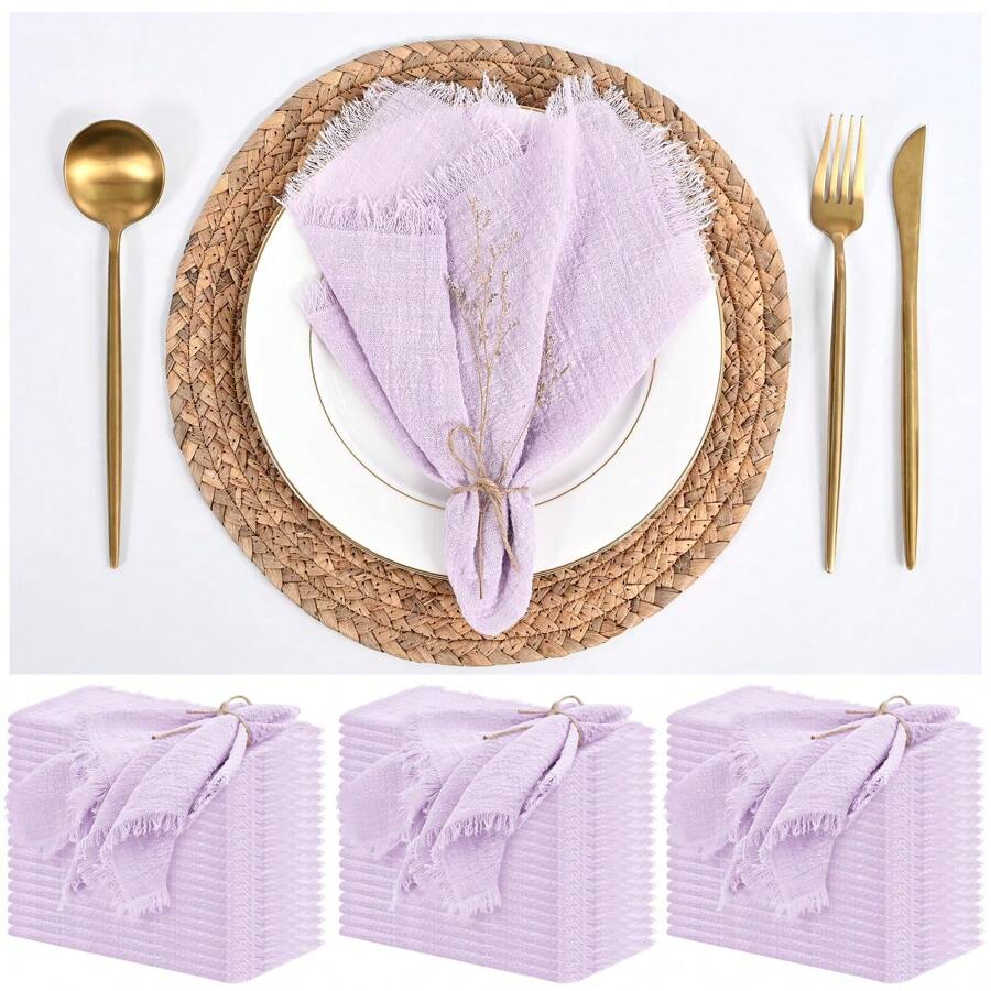 YMHPRIDE 60 Packets Of Napkins Cotton Linen Napkins 16 X 16 Inch Terracotta Cloth Napkins Handmade Tassels Soft Cloth Napkins Washable Country Dinner Cloth Wedding Banquet Table - màu tím nhạt - Xem 1