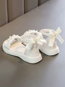 1 Pair Solid Color High-Top Pearl Ribbon Bow Children Flat Sandals, Anti-Slip & Wear-Resistant, Order 1 Size Up For Narrow Feet - White - View 5