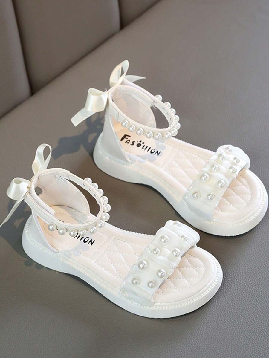1 Pair Solid Color High-Top Pearl Ribbon Bow Children Flat Sandals, Anti-Slip & Wear-Resistant, Order 1 Size Up For Narrow Feet