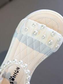 1 Pair Solid Color High-Top Pearl Ribbon Bow Children Flat Sandals, Anti-Slip & Wear-Resistant, Order 1 Size Up For Narrow Feet - White - View 7