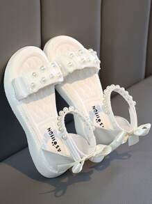 1 Pair Solid Color High-Top Pearl Ribbon Bow Children Flat Sandals, Anti-Slip & Wear-Resistant, Order 1 Size Up For Narrow Feet - White - View 6