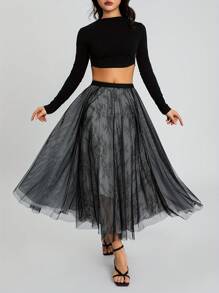 Women Half Dress Lace Mesh Floral Spring Fall Summer Street Casual Party Black Punk Skirt