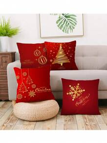 4pcs Christmas Reindeer & Snowflake Series Plush Cushion Covers, Gold & Red Colors - Red - View 1