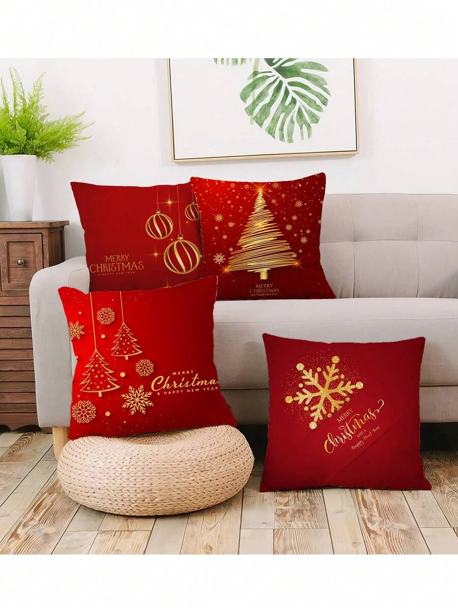 4pcs Christmas Reindeer & Snowflake Series Plush Cushion Covers, Gold & Red Colors - Red - View 1