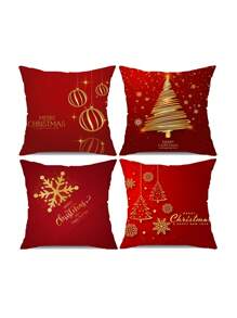 4pcs Christmas Reindeer & Snowflake Series Plush Cushion Covers, Gold & Red Colors - Red - View 3